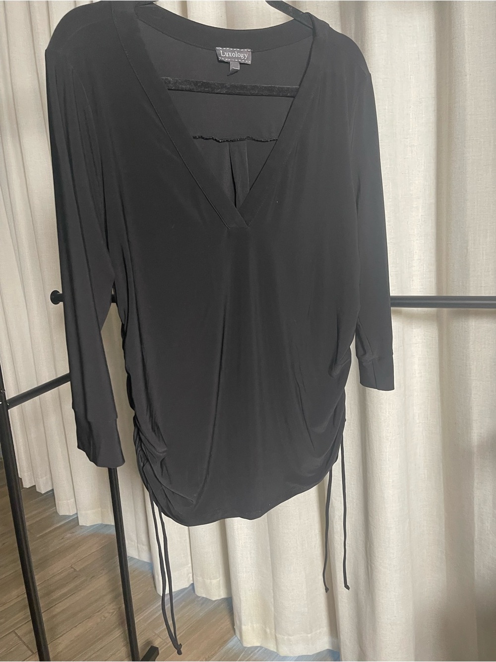 Luxology Black V-Neck 3/4 Sleeve Ruched Drawstring Tunic